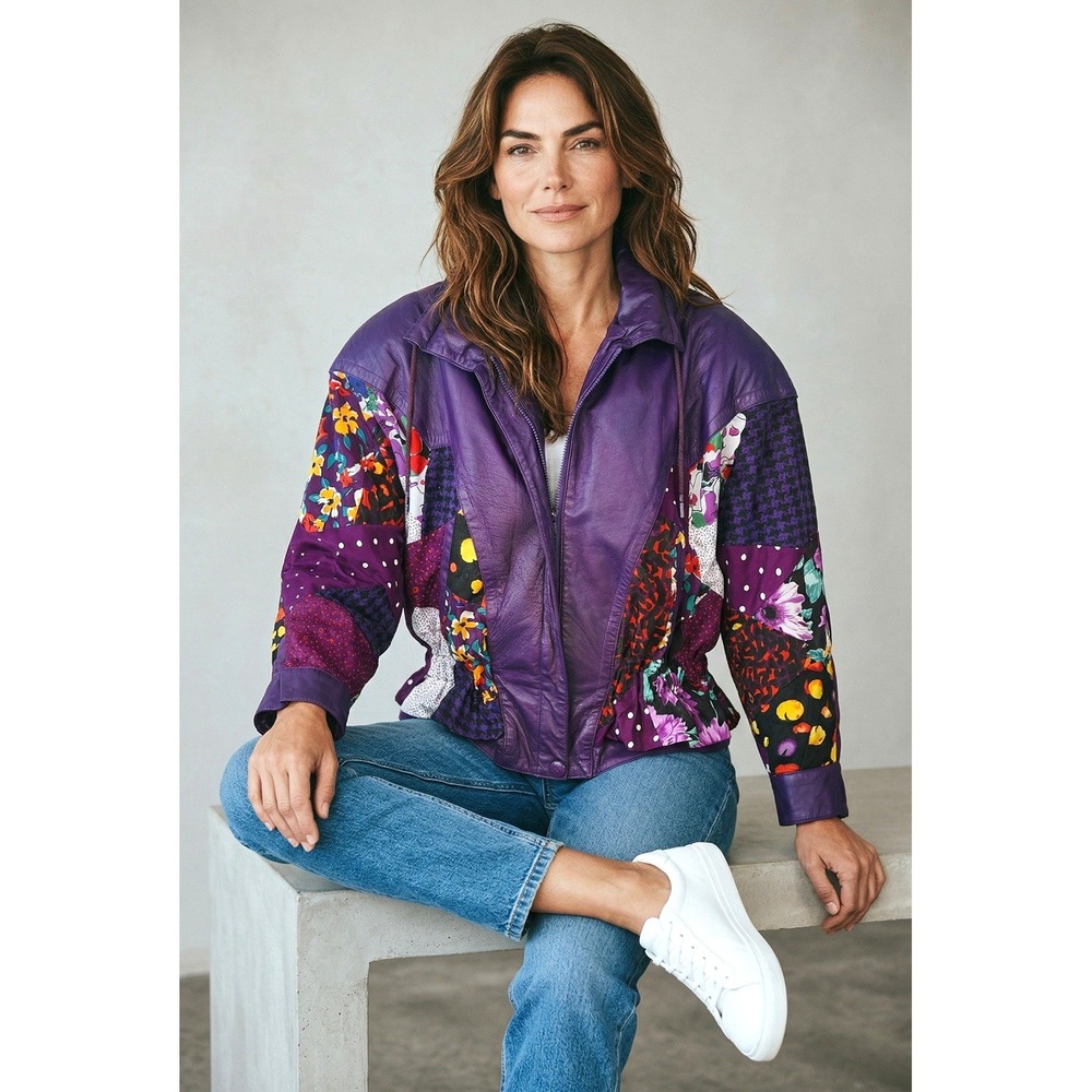 vtg 80's Avanti Fino batwing leather and textile peplum jacket womens sz M/L